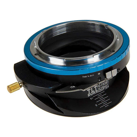 Tilt Shift Lens Mount Adapter For Canon FD And FL Lenses To Fujifilm X Series Mirrorless, Lets You Shift Up To 20mm, Tilt Up To 10 Degrees, And Rotate 360 Degrees, Revives Vintage Glass, Built Tough With 2 Year Warranty, blue metal adapter