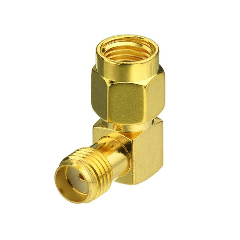 RP-SMA Male To SMA Female Right Angle Antenna Connector Adapter 2 Pack For FPV Drones WiFi Routers, gold finish close-up view