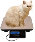 Heavy Duty Digital Shipping Scale With Six Hundred Sixty Pound Load And Smooth Stainless Steel Platform For Real Deal Accurate Parcel Weighing Plus Straight Up LCD Readouts with a cat on top.