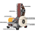 Mini Desktop Belt Sander And Electric Polishing Machine With Vertical Design To Save Space showing electric motor, abrasive belt, and control switches.
