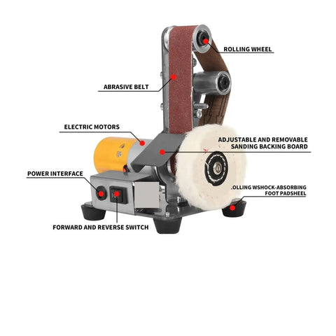 Mini Desktop Belt Sander And Electric Polishing Machine With Vertical Design To Save Space showing electric motor, abrasive belt, and control switches.