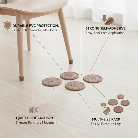 Self Adhesive PVC Furniture Pads For Hardwood And Tile Floors Glide Protectors beside chair leg on wooden floor
