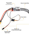 Beefed Up High Performance Brushless Motor And 80 Amp ESC Combo For One Eighth And One Tenth Scale RC Crawlers Including Axial SCX10 And TRX 4 TRX 6 Off Road Trucks With USB Linker Speed Control Programming shown with wires and plugs.