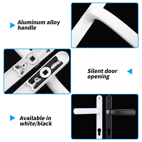 Aluminum Alloy Room Door Handle Panel Long Plate Lever Set With Replacement Hardware shown in white and black options