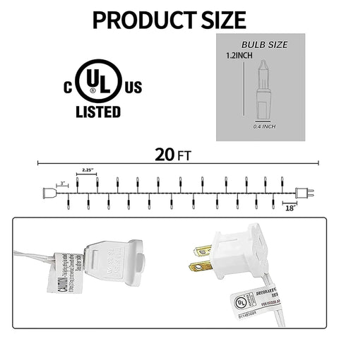 Size chart for Warm White Christmas String Lights, 20 Ft, 100-Count Incandescent White Wire Lights For Indoor Outdoor Use