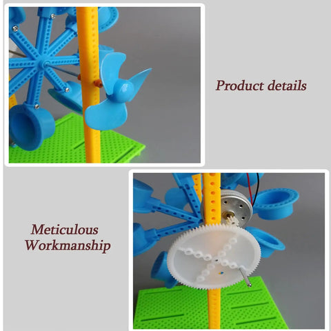 Close-up of Mini Hydro Power Generator Kit with water wheel and hand crank, showcasing meticulous workmanship.
