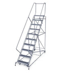 Rock Solid Heavy Steel Rolling Ladder Offering No Sweat Access With 450 Lb Capacity And Anti Slip Serrated Steps For Warehouse Storage Rack Shelving Units side view