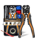 5 In 1 Self Adjusting Wire Stripper Kit With Automatic Wire Stripper For AWG 24 To 10 LED Voltage Detector Pen 23 Ft Insulating Tape 99 Insulated Terminals And 25 Cable Ties DIY Electrical Tool Set showing wire stripper and kit contents