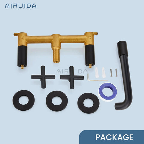Solid Brass Widespread Wall Mount Bathroom Faucet With 360 Degree Swivel Spout Matte Black Finish Double Cross Handles Rough In Valve components