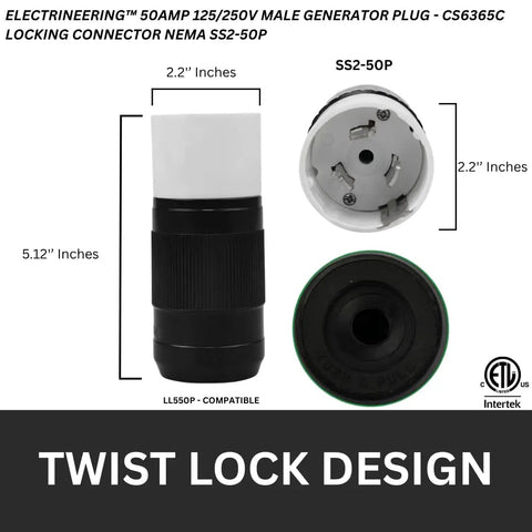 Beefy 50A 125 To 250V Twist Lock Plug CS6365C SS2-50P ETL For Generator Cords RV Shore Power Marine Applications Transfer Switches And Replacement Cables Now, black and white