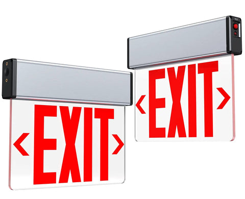 Red LED Edge Lit Exit Sign With Battery Back-Up, Brushed Aluminum Housing, Clear Acrylic Panel, Single Sided Emergency Exit Light