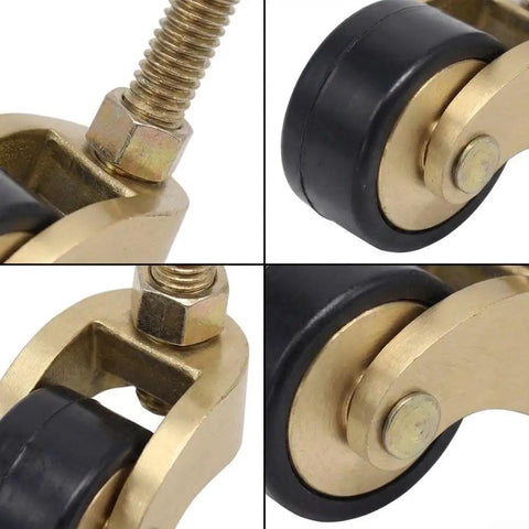 Hella Sturdy Solid Brass Stem Casters With Antique Gold Finish 7MM Slick Swivel Wheels close-up of heavy duty roller and swivel joint.