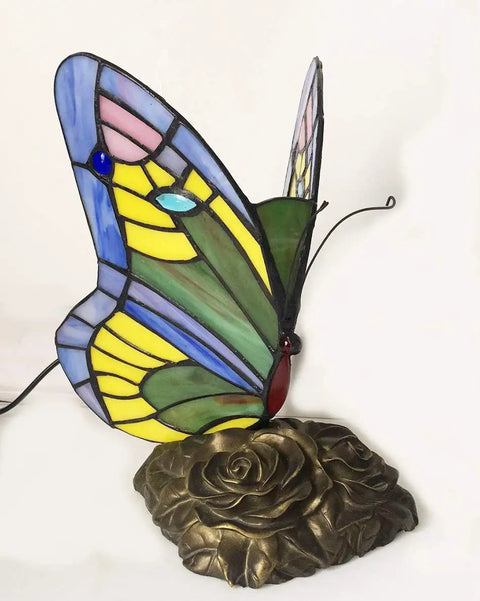 Tiffany Style Butterfly Table Lamp With Stained Glass Multicolor Night Light Blue Glass Accent For Living Room Or Bedroom