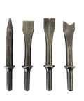 4 Piece Air Chisel Set With Tapered Punch, Ripping Chisel, Weld Chisel, Bushing Splitter for auto body dents removal, metal shaping.