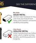 Comparison of Rio Salto solid metal barn door hardware with other brands' hollow metal showing durability differences