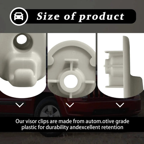 Detail views of Two Pcs Car Sun Visor Clip For Jeep Liberty 2005-2012 And Dodge Nitro 2008-2012, ABS plastic, white color.