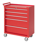 Five Drawer Rolling Tool Chest With Wheels And Central Lock System, Pro Grade Secure Storage Cabinet For Warehouse, Workshop, And Repair Shop, Portable Tool Box On Casters, Heavy Duty Red. Red steel tool chest with 5 drawers and lock, angled view