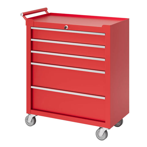Five Drawer Rolling Tool Chest With Wheels And Central Lock System, Pro Grade Secure Storage Cabinet For Warehouse, Workshop, And Repair Shop, Portable Tool Box On Casters, Heavy Duty Red. Red steel tool chest with 5 drawers and lock, angled view