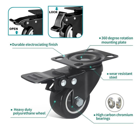 Heavy Duty 2 Inch Swivel Caster Wheels With Dual Lock Brakes, Smooth Rolling Black Rubber Casters For Furniture And Workbenches, Built Like A Tank For 220 Lbs Loads, Badass Durability Crafted For Garage Builds And Shop Carts showing durable mounting plate and locking mechanism.