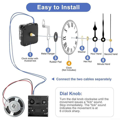 Diagram of Clock Timing Movement Repair Kit With Replacement Hands For Music Box Restoration showing parts and installation guide.