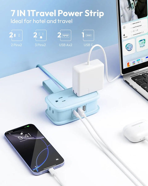Travel Power Strip With 4 Outlets And 3 USB Ports USB C, Ultra Compact 4 Ft Wrap Around Extension Cord With Flat Plug in use