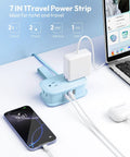 Go-To Power Strip With USB C, Four Outlets And GaN 45W USB C Ports, compact travel dock in use with phone and laptop charged