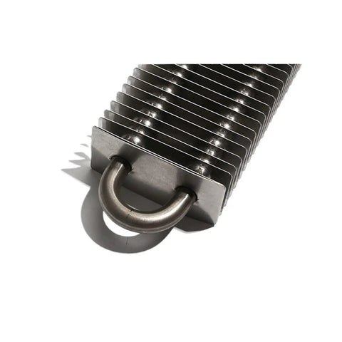 Professional Grade Electric Finned Tubular Heater Featuring M18 Stainless Steel Threads and broad rectangular fins close-up view.