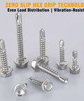 Close-up of 150 Piece Self Drilling Screws Set For Metal Wood Plastic 410 Stainless Steel Self Tapping TEK Screws in four sizes