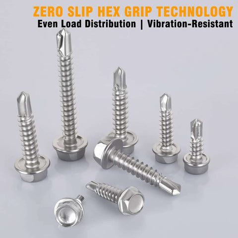 Close-up of 150 Piece Self Drilling Screws Set For Metal Wood Plastic 410 Stainless Steel Self Tapping TEK Screws in four sizes