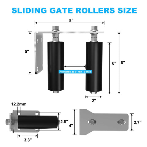 Dimensions of 2 Pack Heavy Duty Sliding Gate Rollers With Adjustable 6 Inch Double Hard Nylon Rollers, Gate Roller Guide Kit