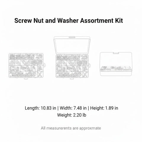 M3 To M6 Carbon Steel Screw Nut And Washer All In One Kit with open box showing organized compartments, dimensions shown