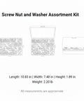 Carbon Steel Screw Nut Washer Set For Furniture Assembly And Home Repairs with box dimensions and contents illustrated.