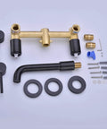 Brass Matte Black Dual Handle Wall Mounted Bathroom Faucet With Rough In Valve components displayed on a flat surface