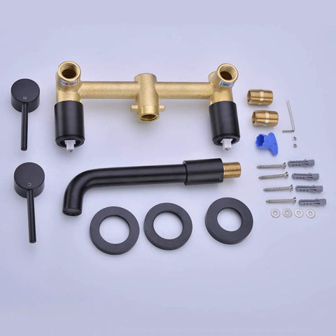 Brass Matte Black Dual Handle Wall Mounted Bathroom Faucet With Rough In Valve components displayed on a flat surface