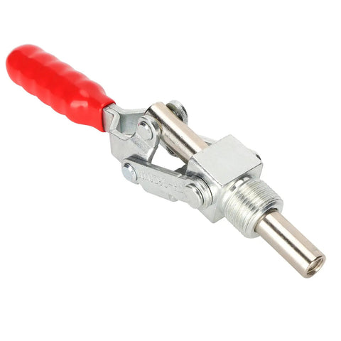 Push Pull Toggle Clamp With Iron And Plastic Build, Heavy Duty 136 Kg Holding Force, Arrow Storage Case, Workholding Tool For Testing Jigs, Welding, Crosscut Sled Setup, Equipment Installation, And Home Decor Projects. Red-handled iron and plastic push-pull toggle clamp with threaded rod