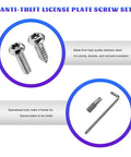 Heavy Duty Anti Theft License Plate Screw Kit with stainless steel screws and specialized tools for secure car tag attachment.