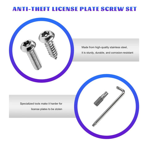 Heavy Duty Anti Theft License Plate Screw Kit with stainless steel screws and specialized tools for secure car tag attachment.