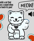 Interactive Transistor Cat Soldering Kit for Beginners and Teens with PCB illustrating sound activation feature.