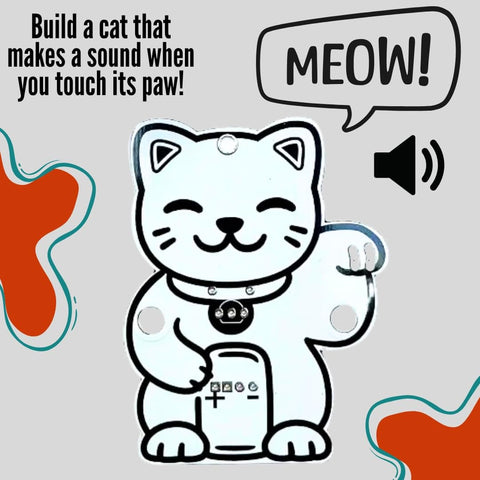 Interactive Transistor Cat Soldering Kit for Beginners and Teens with PCB illustrating sound activation feature.