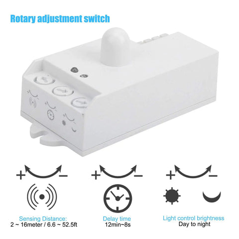 Smart Microwave Motion Sensor Switch 5.8GHz TDL1913, white PVC, rotary adjustment close-up, lighting automation, wall mount.