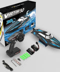 Packaging and components of Go Fast RC Boat For Pool And Lake With 2.4GHz Remote Control Water Cooling System Adult Friendly Electric Boat