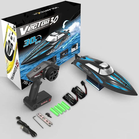 Packaging and components of Go Fast RC Boat For Pool And Lake With 2.4GHz Remote Control Water Cooling System Adult Friendly Electric Boat