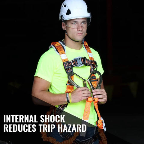 Worker wearing Double Leg Stretch Fall Protection Lanyard With Internal Shock Absorbing Design For 4.5 To 6 Feet, One Steel Snap Hook