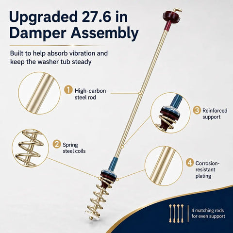 Washer Suspension Rod Kit 27.6 Inch Replacement For Samsung Top Load Washers, 4 Pack OEM-Size DC97-16350V, Stops The Wobble And DC Error, Restores Tub Balance, Compatible With WA54R7200AW US WA54R7600AW US WA54R7600AC US, 27.6 in steel rod