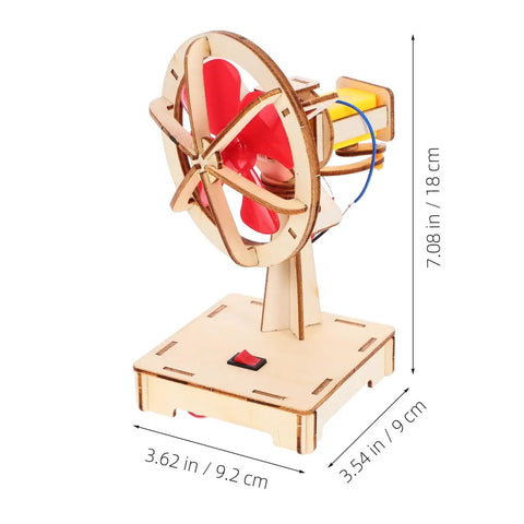 Hands On DIY Electric Fan Assembly Kit For STEM Classrooms And Science Projects, showing assembled red-blade fan on wooden base.
