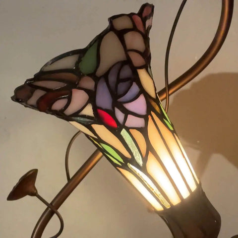 Butterfly Lily Flower Tiffany Style Stained Glass Accent Table Lamp Night Light with colorful floral design and warm glow