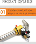 Snazzy Stainless Steel Air Operated Oil Transfer Pump, close-up of stainless steel oil pipe with pressure gauge for fluid transfer.