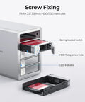 Beefy Five Bay Raid Hard Drive Enclosure For USB 3.0 SATA HDD And SSD Stacked Up To 110 TB With Plug Play Cloning And Smooth RAID 0 1 3 5 10 No Sweat Data Storage showing HDD docking and screw fixing features.