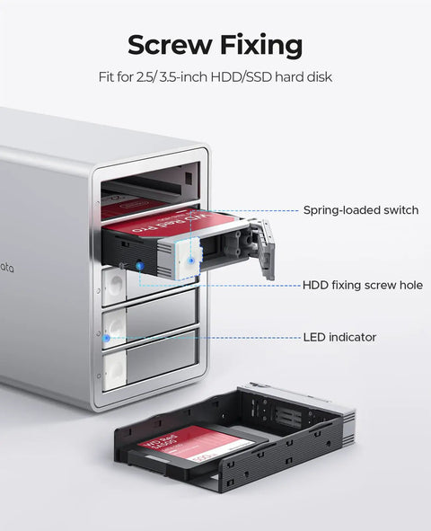 Beefy Five Bay Raid Hard Drive Enclosure For USB 3.0 SATA HDD And SSD Stacked Up To 110 TB With Plug Play Cloning And Smooth RAID 0 1 3 5 10 No Sweat Data Storage showing HDD docking and screw fixing features.
