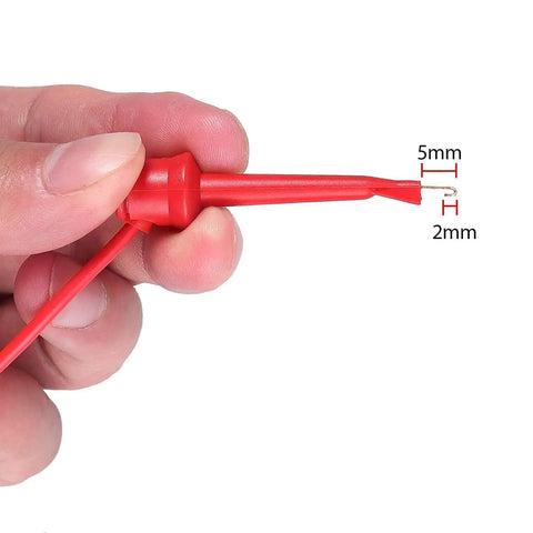 Close-up of red probe tip from Oscilloscope Probe Kit 100MHz With 10 To 1 And 1 To 1 Switchable Bandwidth Clip Probes.